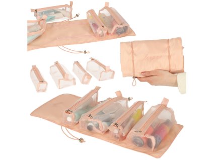 Kosmetyczka skladana podrozna wypinana zwijana 4w1 duza pojemnosc przenosna rozowa 158303