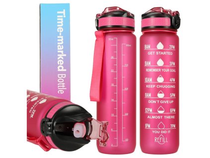 Butelka na wode bidon ze slomka uchwytem miarka motywacyjna na silownie BPA free Tritan 1l rozowa 165943