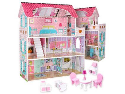 Domek dla lalek drewniany MDF mebelki 70cm rozowy LED 179850