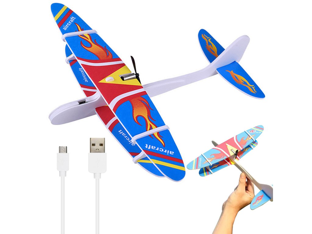 Polystyrenové osvětlené letadlo kluzák na usb - modré