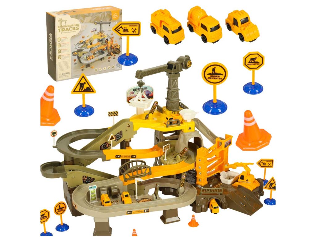 Stavební závodní autodráha s důlními vozy a příslušenstvím