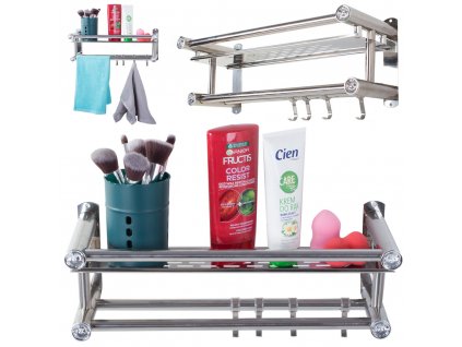 Stříbrná závěsná koupelnová polička s věšáky