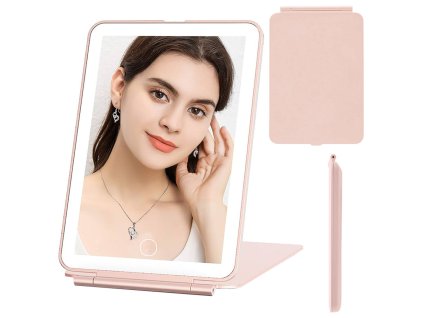 Růžové LED cestovní kosmetické zrcátko