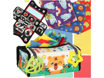 Montessori třídicí box 2v1 s podložkou a senzorickými ubrousky - výuková hračka pro děti