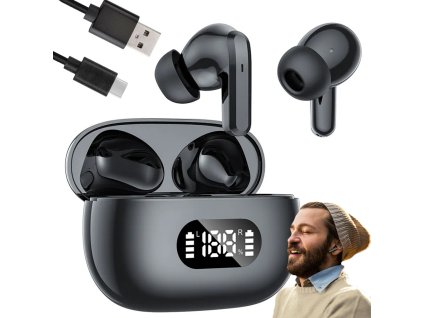Bezdrátová sluchátka do uší bluetooth s nabíjecím pouzdrem s led diodami a mikrofonem