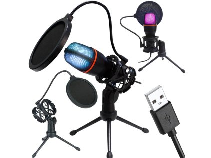 Studiový mikrofon usb rgb stativ pro počítačový stream herní kardioida