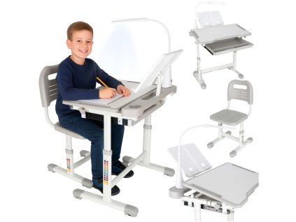 Dětský psací stůl se zásuvkou židle lampa šedá