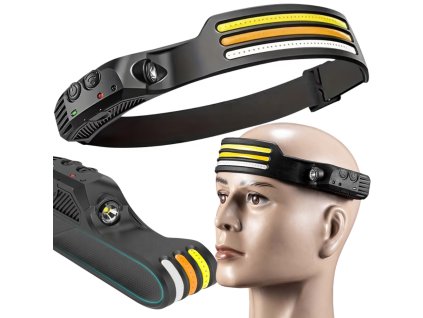 LED čelovka, akumulátorová, USB, s pohybovým senzorem, 3 pásky