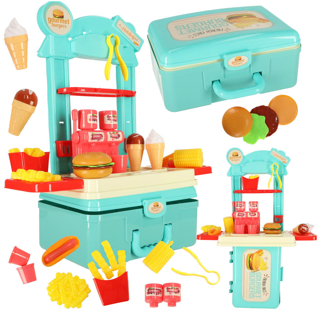 Levně KIK KX4305 Dětská kuchyňka v kufříku fast food hamburgerová sada zmrzlina hranolky 55cm AKCE