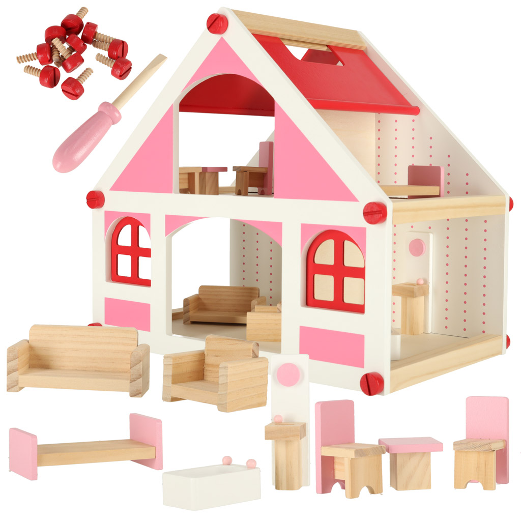 Levně KIK KX4351 Dřevěný domeček pro panenky bílo-růžový + nábytek 36cm AKCE