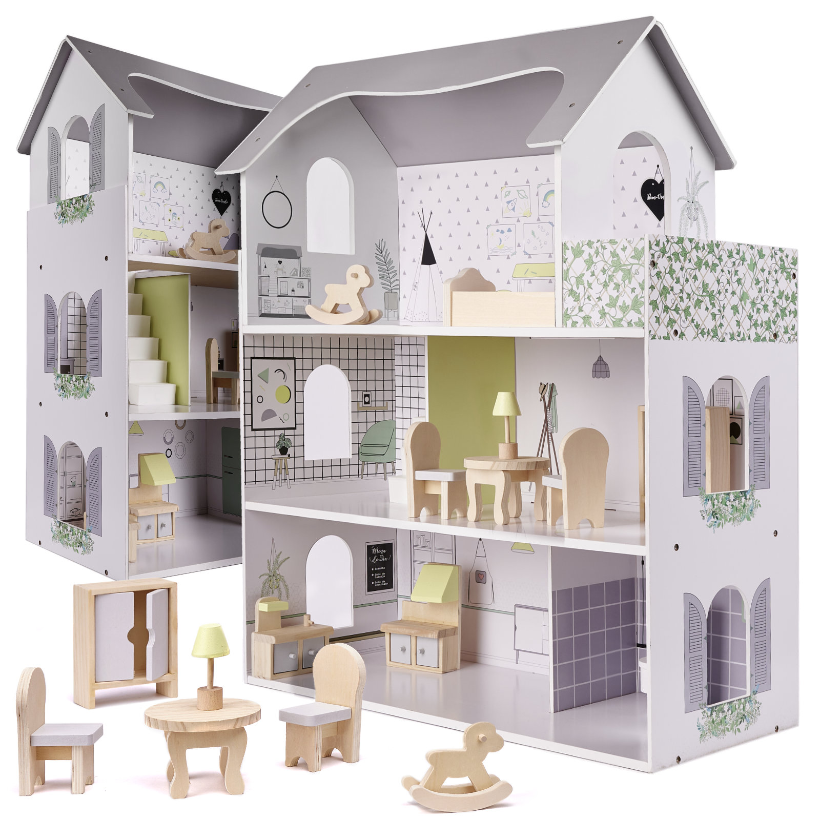 Levně KIK KX6278 Dřevěný domeček pro panenky + nábytek 70cm šedý