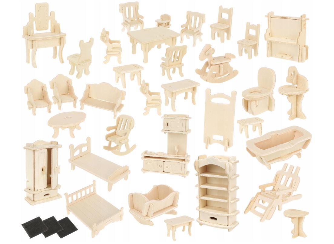 Levně ISO 3D dřevěné puzzle nábytek pro panenky 34ks, 9423