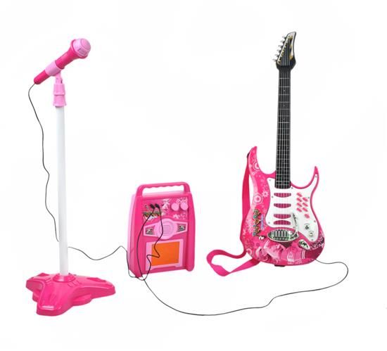 ISO Detská rocková elektrická gitara na batérie + zosilňovač a mikrofón - ružová, 4709