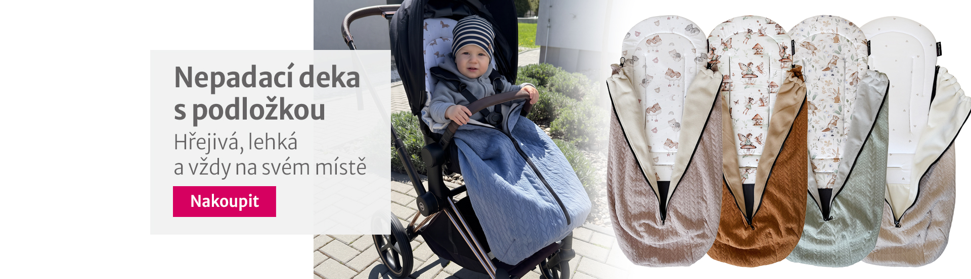 Nepadací deka s podložkou do kočárku v různých barvách, snadné upevnění, praktické zipy, certifikované materiály, ruční výroba, vyrobeno v česku Slezská Harmonia