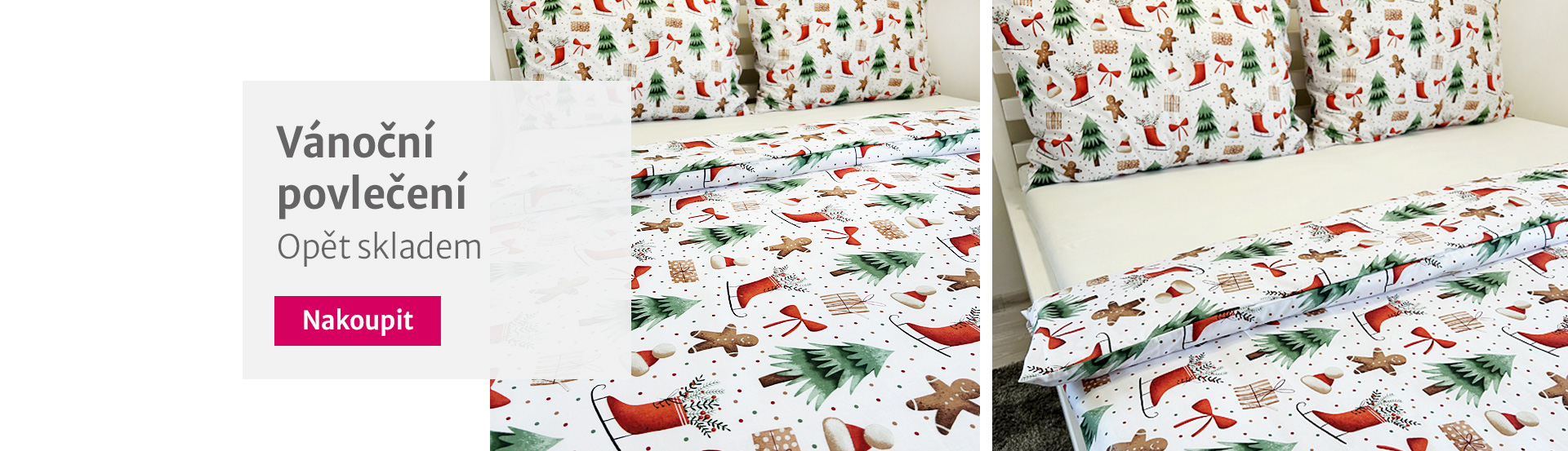 Bavlněné povlečení pro dospělé 200x200 skladem s vánočním vzorem perníčků a vánoční stromečky vyrobeno v česku slezská harmonia