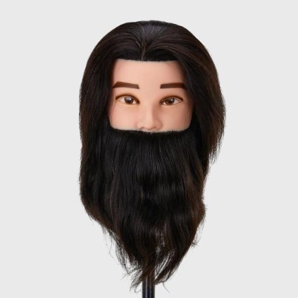 Kadernícka cvičná hlava s bradou, prírodné vlasy, farba 1H, dĺžka 20+15 cm