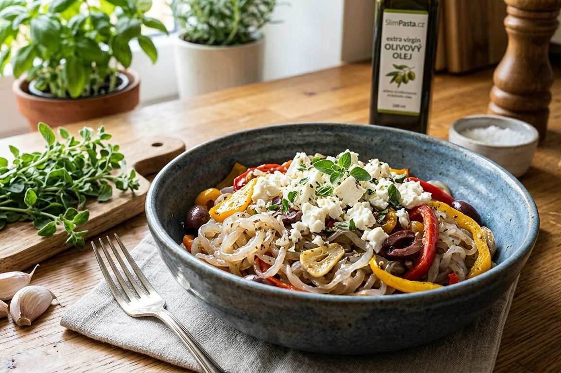 Konjakové tagliatelle s pečenými paprikami, olivami a sýrem feta