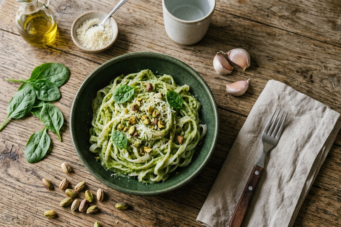 Bleskové konjakové Fettuccine s krémovým pistáciovo-avokádovým pestem