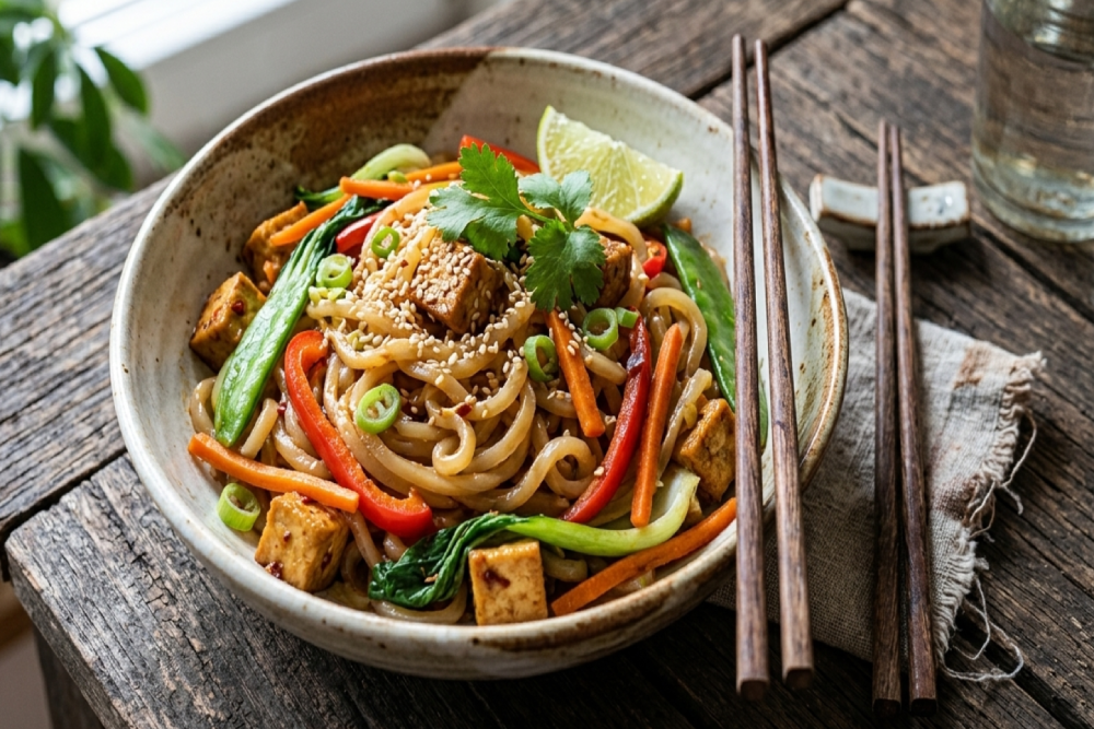 Bleskové krémové UDON nudle s arašídovou omáčkou a dokřupava opečeným tofu