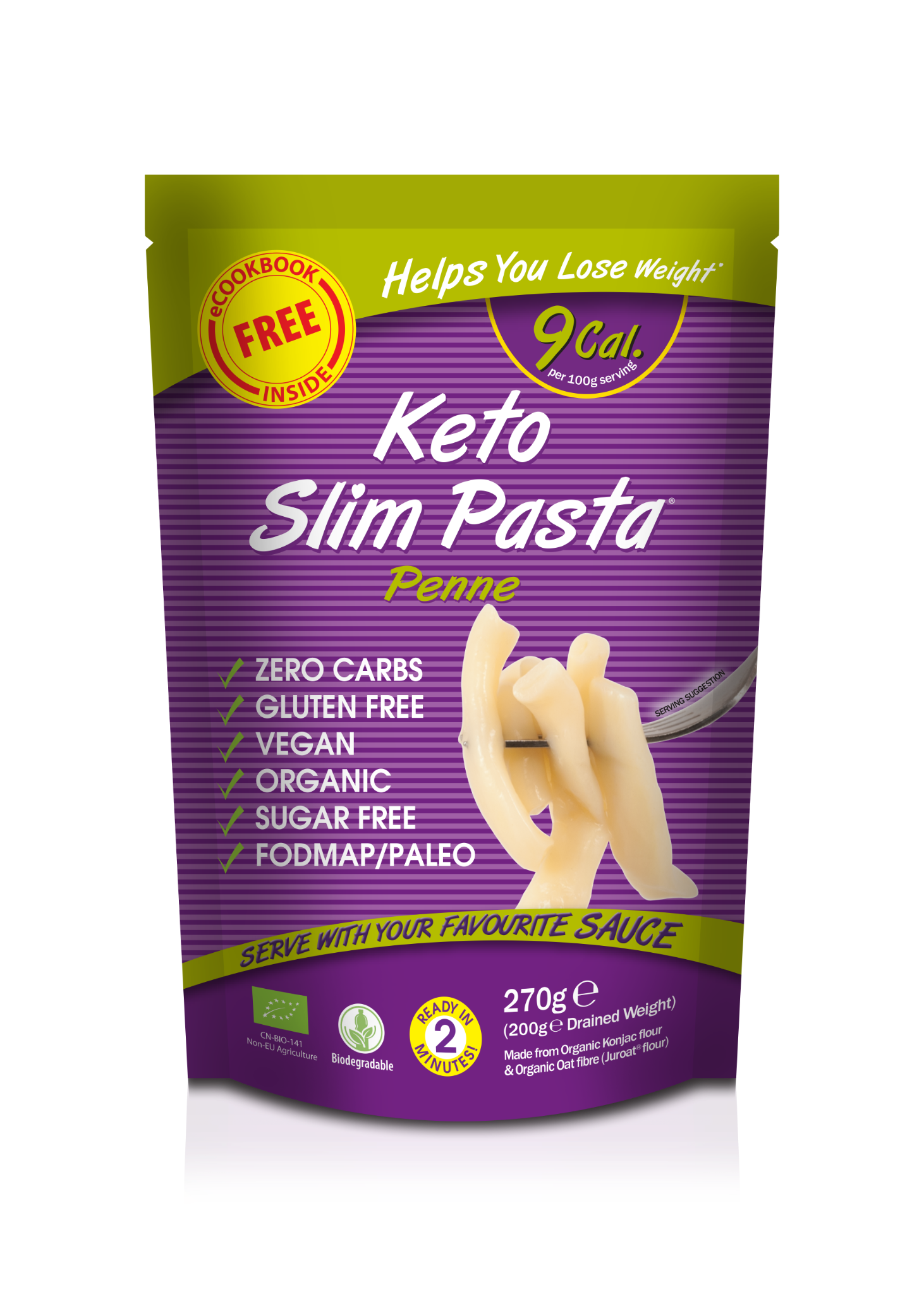 Slim Pasta Konjakové penne BIO v nálevu 270 g (9 kcal, 0 g sacharidů)