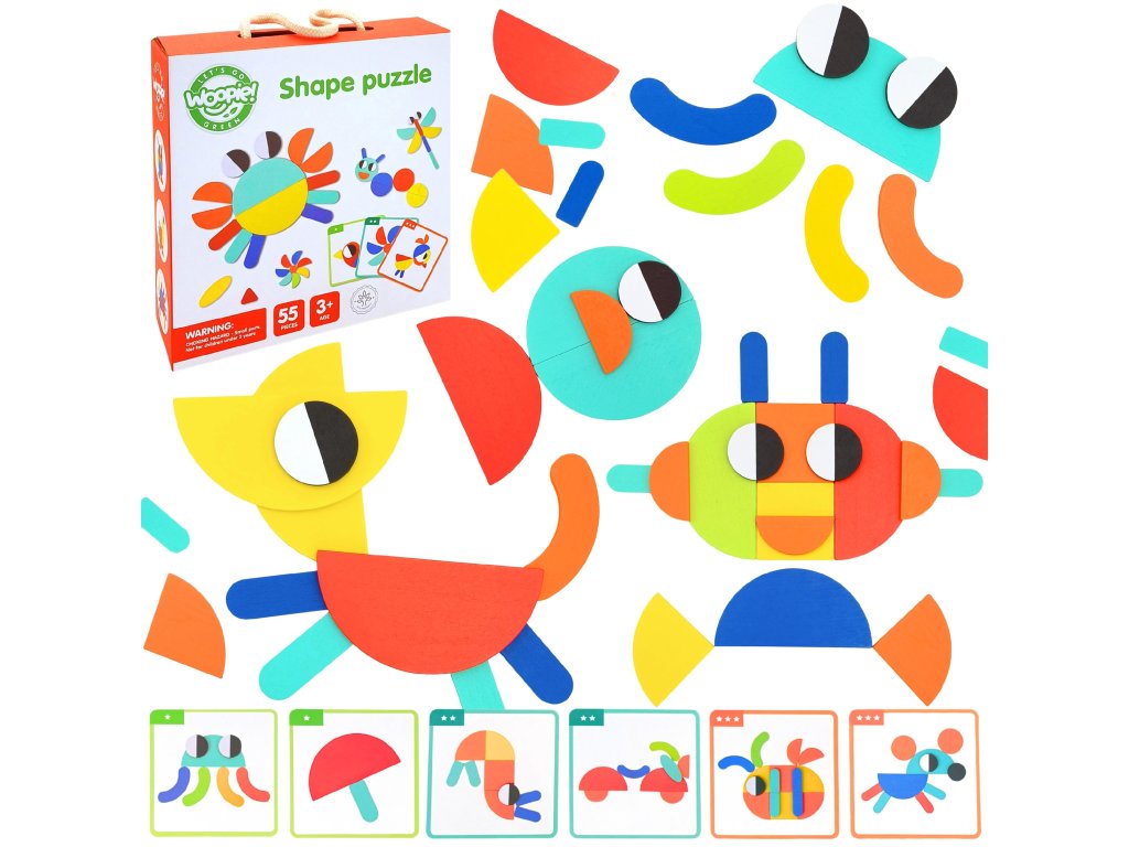 WOOPIE GREEN Montessori drevené puzzle 40 reprodukovateľných vzorov 55 ks Certifikát FSC