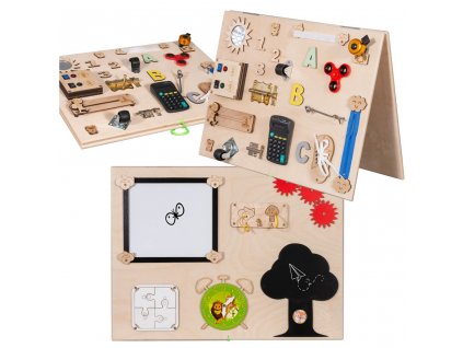 Drevená senzorická montessori activity board pre deti obojstranná prírodná