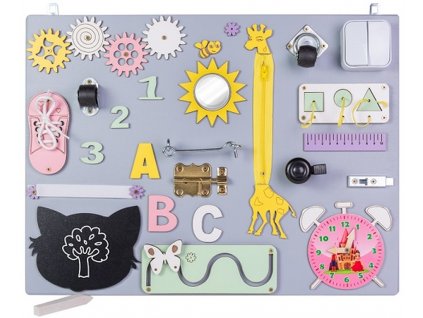 Drevená montessori activity board pre deti ružové hodiny 50x37,5cm