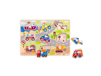 TOOKY TOY Drevené Montessori puzzle Dopravné prostriedky so zodpovedajúcimi kolíkmi