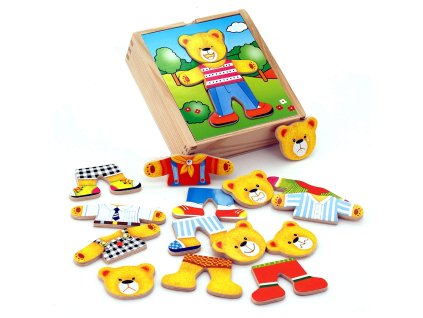 VIGA Drevené puzzle Vzdelávacie obliekanie medvedíka chlapca