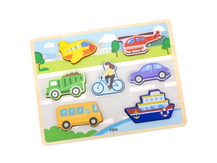 VIGA Montessori drevené puzzle Puzzle 2v1 Figúrky vozidiel