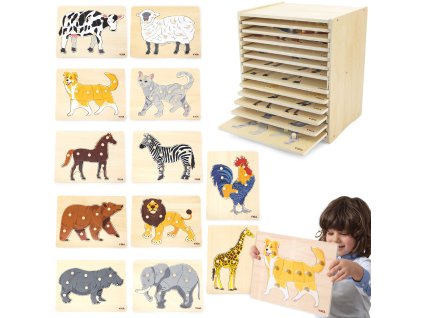 VIGA Drevené puzzle 12 Montessori zvierat + stojan