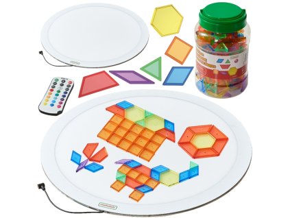 MASTERKIDZ Okrúhly LED farebný svetelný panel + Montessori mozaikové bloky 140 ks
