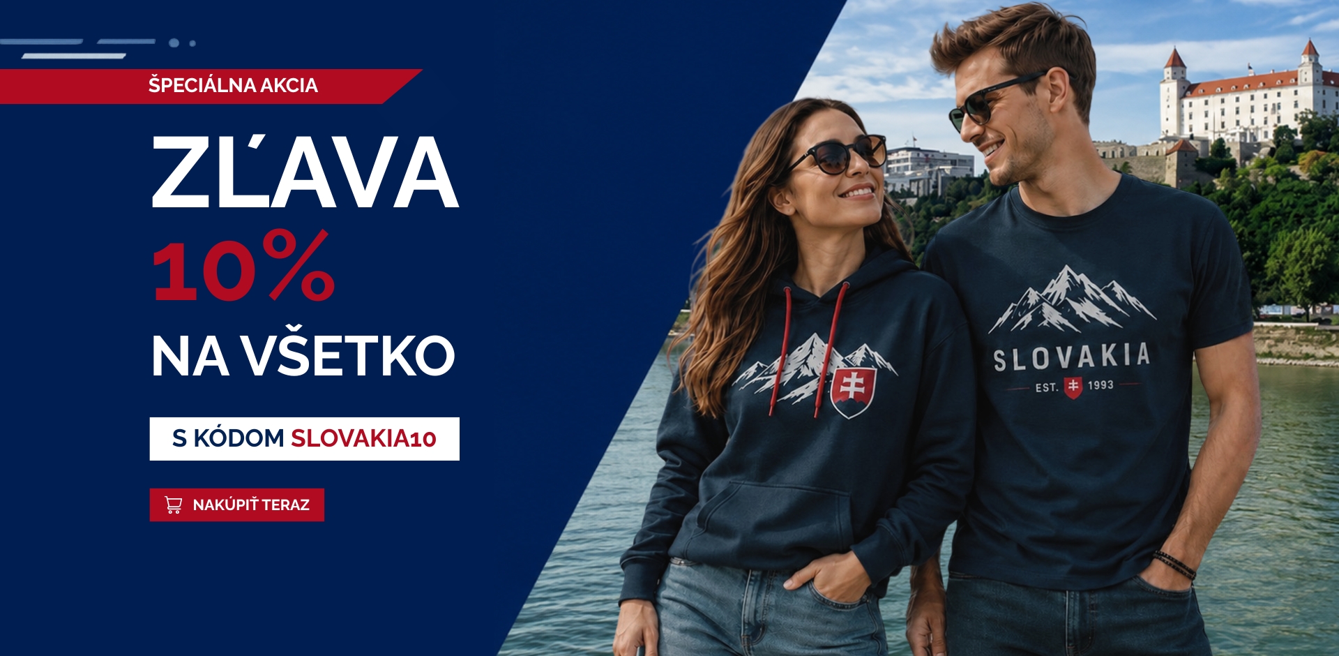 Banner so zľavou 10 % na celý sortiment s kódom SLOVAKIA10, na ktorom je dvojica v oblečení so slovenskými motívmi.