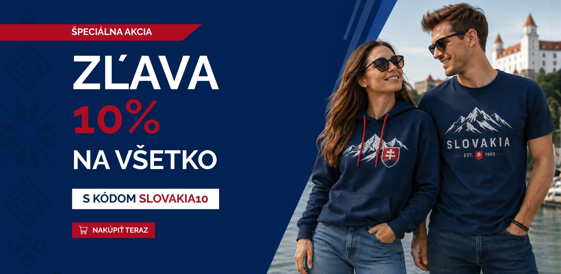 Banner so zľavou 10 % na celý sortiment s kódom SLOVAKIA10, na ktorom je dvojica v oblečení so slovenskými motívmi.