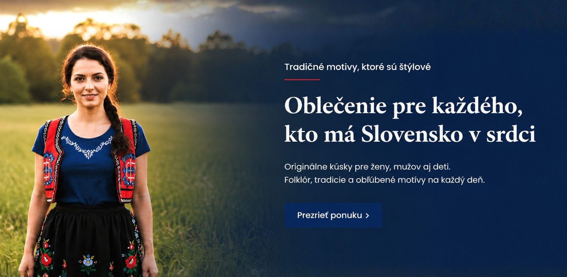 Žena v tradičnom slovenskom oblečení v prírode – banner s ponukou originálneho oblečenia pre ženy, mužov aj deti.