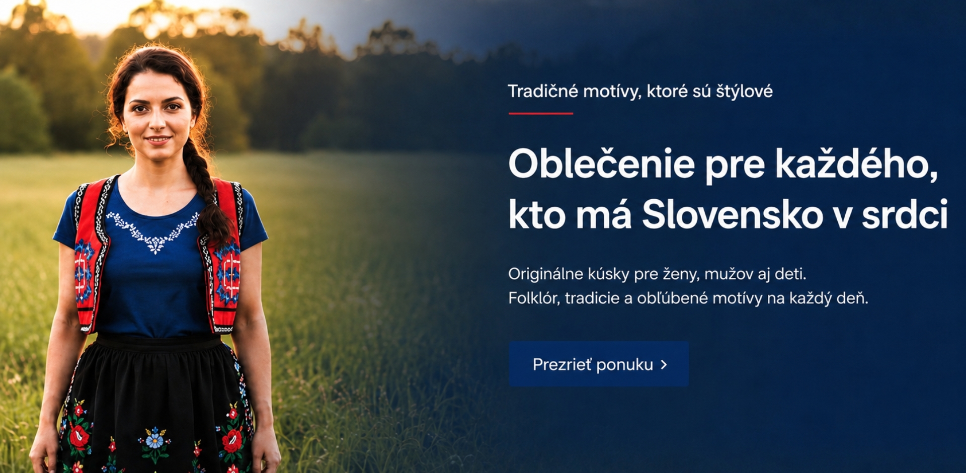 Žena v tradičnom slovenskom oblečení v prírode – banner s ponukou originálneho oblečenia pre ženy, mužov aj deti.