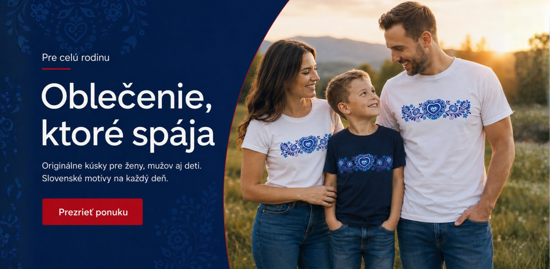 Rodina v zladených tričkách so slovenským folklórnym motívom – oblečenie pre ženy, mužov a deti.