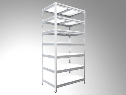 kovový regál bezskrutkový Biedrax 50 x 75 x 270 cm, pozinkovaný - 7 políc biele lamino 12mm