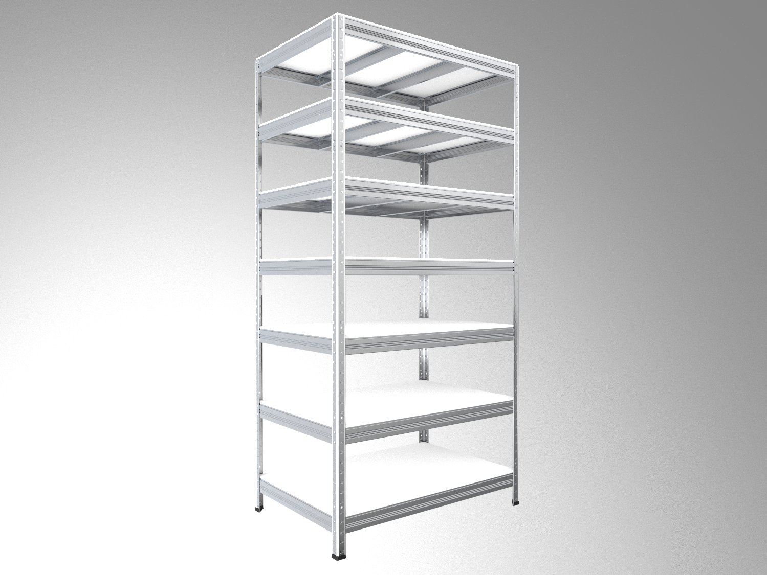 Kovový regál policový Biedrax 35 x 75 x 210 cm, pozinkovaný - 7 políc biele lamino 12mm, 300 kg