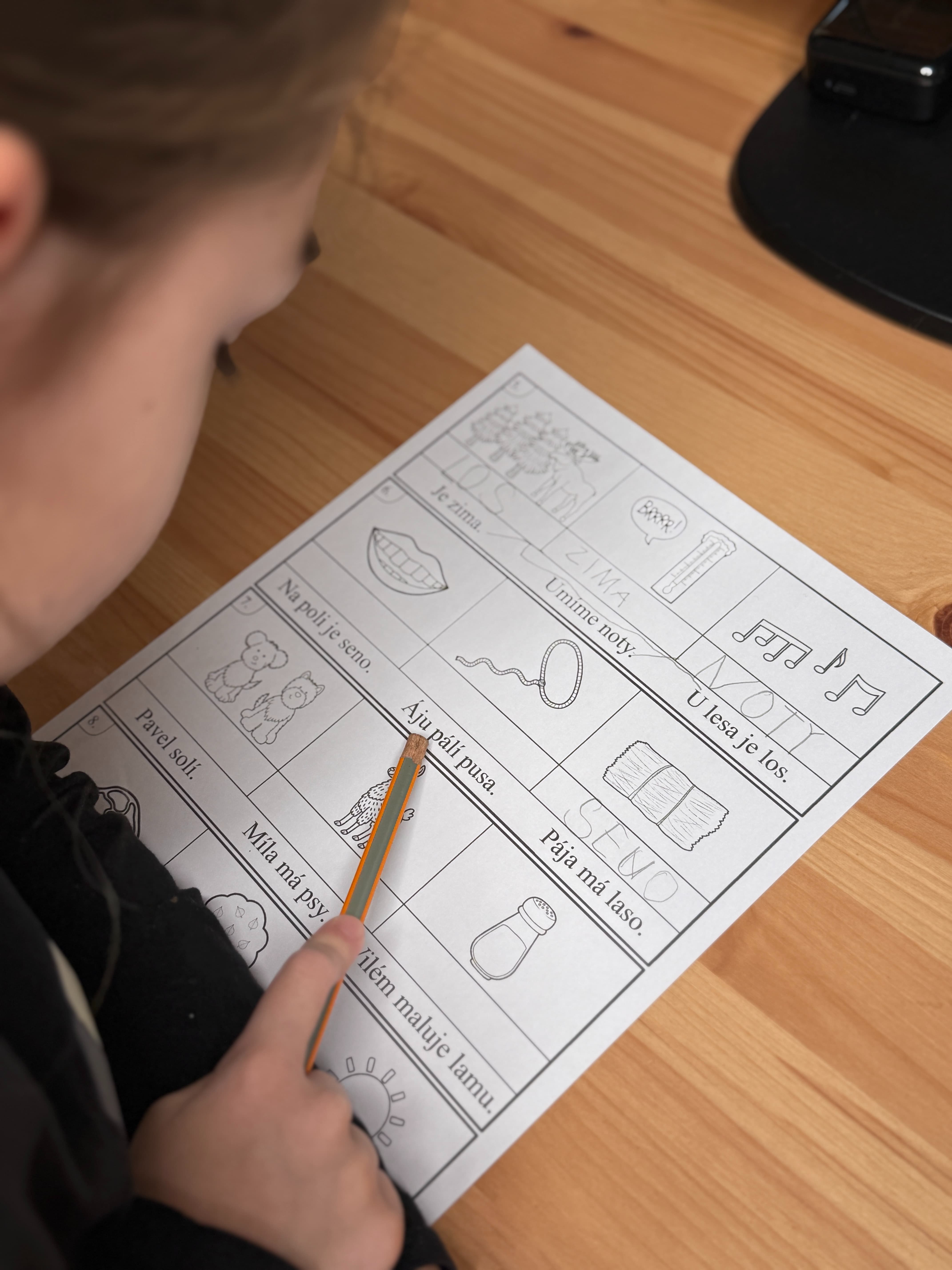 Dítě čte jednoduché věty s obrázky