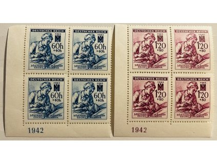 Poštovní známky Protektorát Čechy a Morava Německý červený kříž III. vydání sestava zn. č. 100 - 101 LD roh. 4 blok s letopočtem 1942 ** čisté