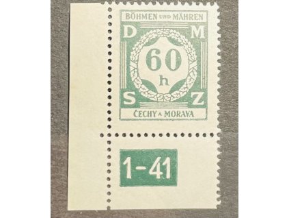 Poštovní známky Protektorát Čechy a Morava Služební známka - 60h tm. zelená - L roh. zn. DČ 1-41
