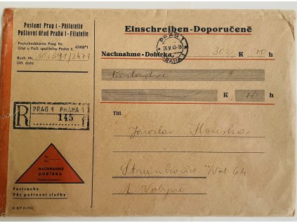Protektorátní doporučená obálka - dobírka poštovní úřad Praha 1 Filatelie 26. 5. 1943