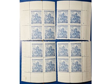 Poštovní známky Protektorát Čechy a Morava zn. č. 42 - 80h modrá sestava  roh. 4bloků - okraj široký s DZ * čisté **