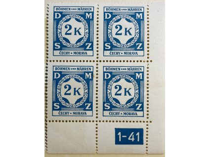 Poštovní známky Protektorát Čechy a Morava Služební známka - 2K tyrkysová P roh. 4blok DČ 1 - 41
