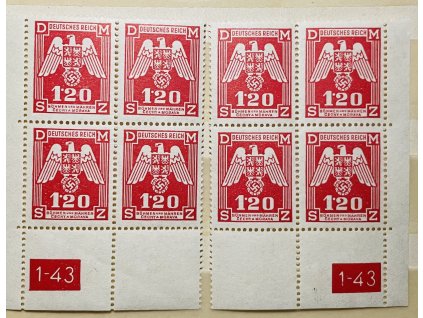 Poštovní známky Protektorát Čechy a Morava služební zn. SL19  LD a PD roh. 4blok s DZ 1 - 43 ** čisté