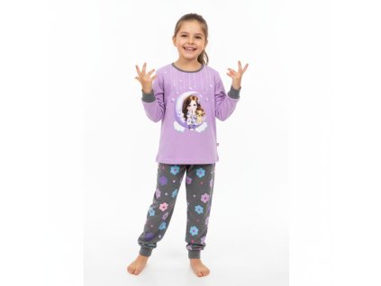 Roztomilé dívčí pyžamo s pejskem a holčičkou fialková