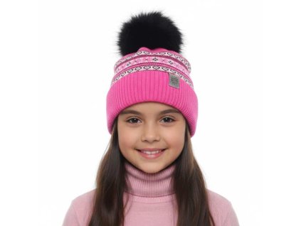 Dívčí čepice zimní s fleecem a bambulí růžová