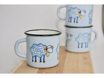 blue enamel mug with sheep