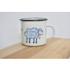 white enamel mug with sheep